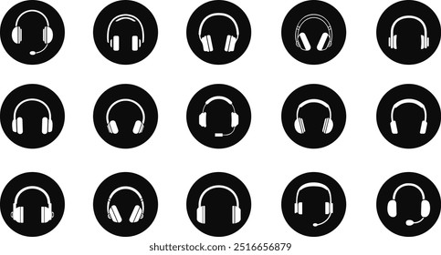 Conjunto de iconos de auriculares. Servicio al cliente. Asistencia al cliente. Elemento de diseño adecuado para Sitio web, diseño de impresión o App. Ilustración vectorial.  Colección negra del icono de los auriculares. Conjunto de auriculares de música icono