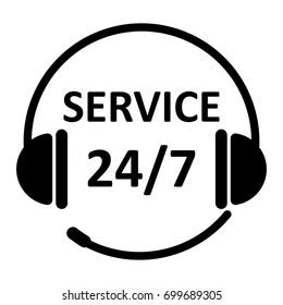 Headphone icon with text service 24/7. 24 hours 7 days service symbol isolated on white background. EPS10 vector illustration for business, web application, call center, poster, template, sign.
