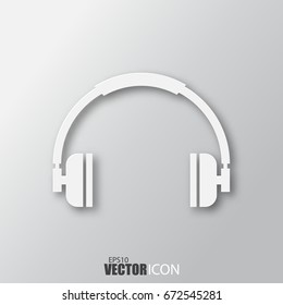 Headphone icon in white style with shadow isolated on grey background. For your design, logo. Vector illustration.