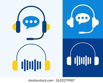 headphone icons in blue and white. The top row has headphones with a speech bubble, representing communication, while the bottom row features headphones with equalizer bars, symbolizing audio or music