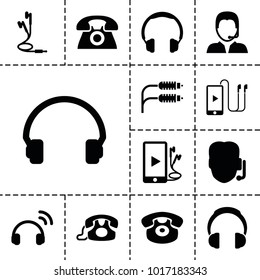 Headphone icons. set of 13 editable filled headphone icons such as support, headphones, headset, desk phone, phone and earphones, earphones