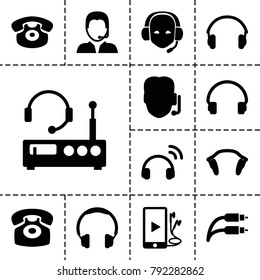 Headphone icons. set of 13 editable filled headphone icons such as support, headphones, headset, desk phone, phone and earphones, earphones, earphone wire