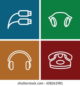 Headphone icons set. set of 4 headphone outline icons such as desk phone, earphones