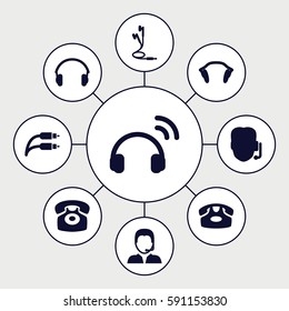 headphone icons set. Set of 9 headphone filled icons such as desk phone, earphones, earphone wire, support