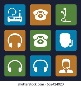 Headphone icons set. set of 9 headphone filled icons such as headset, desk phone, earphones, support, listening device