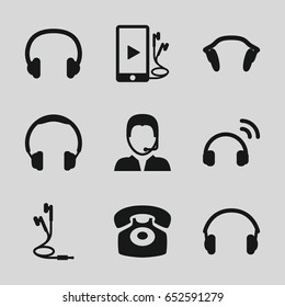 Headphone icons set. set of 9 headphone filled icons such as phone and earphones, earphones, support, desk phone, headset