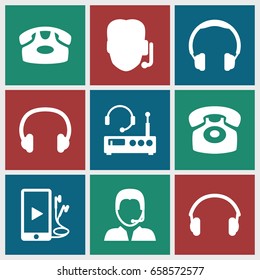 Headphone icons set. set of 9 headphone filled icons such as desk phone, phone and earphones, earphones, support, headset, listening device