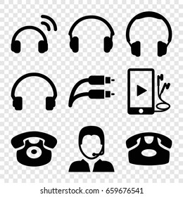 Headphone icons set. set of 9 headphone filled icons such as desk phone, headset, phone and earphones, earphones, earphone wire, support