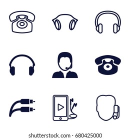 Headphone icons set. set of 9 headphone filled and outline icons such as desk phone, earphones, earphone wire, support, phone and earphones