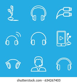 Headphone icons set. set of 9 headphone outline icons such as headset, phone and earphones, earphones, earphone wire, support