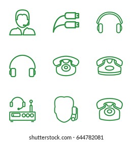 Headphone icons set. set of 9 headphone outline icons such as desk phone, headset, earphones, earphone wire, support