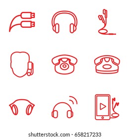 Headphone icons set. set of 9 headphone outline icons such as desk phone, phone and earphones, earphones, earphone wire, headset