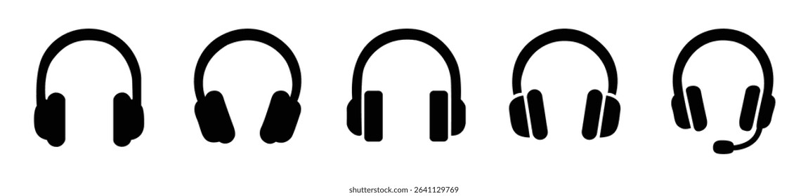 Headphone icons set, collection of various audio headset symbols including gaming, music, and communication designs for sound, listening, and tech concepts