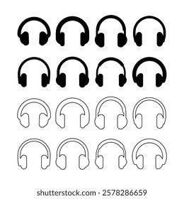 headphone icons set simple clean and smooth line and fill vector icons in black on a white background.
