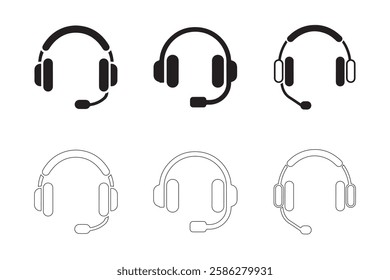 Headphone icons set simple clean and smooth lines and fill vector icons in black on a white background.
