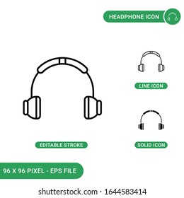 Headphone icons set vector illustration with solid icon line style. Music headset concept. Editable stroke icon on isolated background for web design, infographic and UI mobile app.