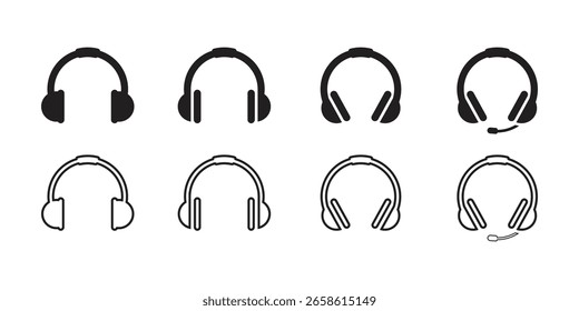 Kopfhörersymbole: Volumenkörper-, Umriss- und Headset-Variationen;  Minimalistischer Stil  Professionelle technische Grafik Vektor.