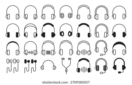 Conjunto de Vectores de iconos de auriculares — Audio moderno y escucha de música, Colección de iconos de auriculares de audio — Diseño de Vector de música mínimo