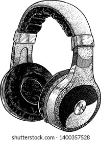 Headphone illustration, drawing, engraving, ink, line art, vector