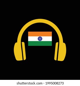 Headphone with Indian Flag icon vector white illustration isolated on Black background.