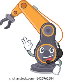 With headphone industrial robotic hand in the cahracter