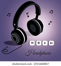  Headphone with headphone jack , play ,pause, skip and backward button cartoon , isolated on purple gradient vector illustration , all layers are single r any coustomization ,Eps 10  
