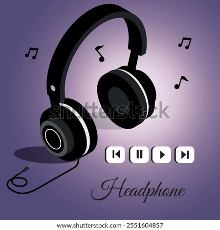  Headphone with headphone jack , play ,pause, skip and backward button cartoon , isolated on purple gradient vector illustration , all layers are single r any coustomization ,Eps 10  
