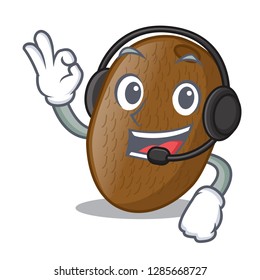 With headphone kiwifruit is placed on mascot plate