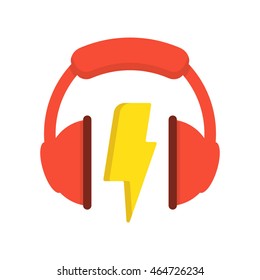 Headphone and lightning, electro music. Flat vector icon on white background. 