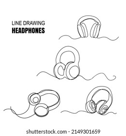 Headphone Linear Art Drawing. One Line Headphones Icon, Earphone Line Art, Head Phone, Music Headset Continuous Monoline Drawing,