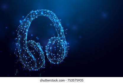 Headphone from lines and triangles, point connecting network on blue background. Illustration vector