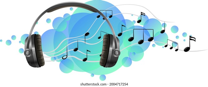 Headphone listening device with music melody on blue splotch illustration