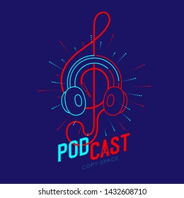 Headphone logo icon outline stroke with music note Treble Clef shape from cable dash line, Podcast internet radio program online concept illustration isolated on blue background with PODCAST text