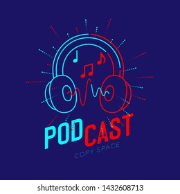 Headphone Logo Icon Outline Stroke With Music Note In Radius Frame Dash Line, Podcast Internet Radio Program Online Concept Illustration Isolated On Blue Background With PODCAST Text, Vector