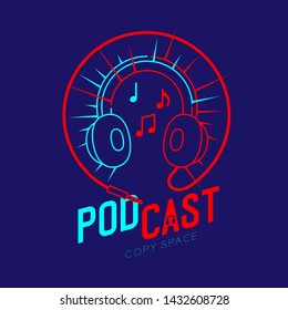 Headphone logo icon outline stroke with music note in cable circle frame dash line, Podcast internet radio program online concept illustration isolated on blue background with PODCAST text, vector