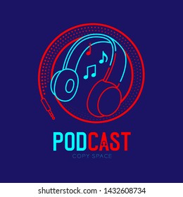 Headphone logo icon outline stroke with music note in cable circle frame dash line, Podcast internet radio program online concept illustration isolated on blue background with PODCAST text, vector
