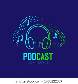 Headphone Logo Icon Outline Stroke With Cloud Shape Frame Dash Line Design, Podcast Internet Radio Program Online Concept Illustration Isolated On Dark Blue Background With PODCAST Text, Vector