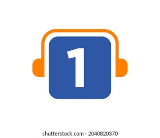 Headphone Logo On 1 Letter. Letter 1 Music Logo Design Template Headphone Concept