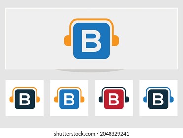 Headphone Logo On B Letter. Letter B Music Logo Design Template