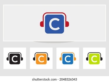 Headphone Logo On C Letter. Letter C Music Logo Design Template Headphone Concept