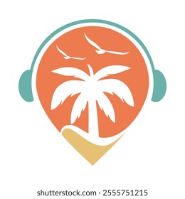 Headphone logo with precise location symbol. travel Premium vector