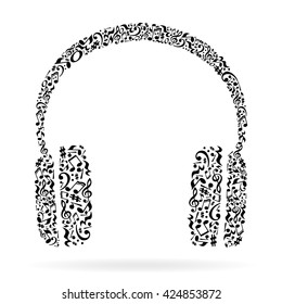 Headphone made from music notes isolated on white. Listen music vector illustration concept.