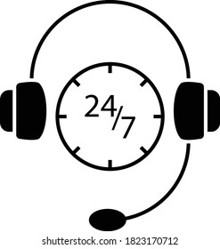 Headphone with Mic and Clock Concept for Online Business Support Vector Call center Glyph Icon Design, Network Equipment and Web Hosting Symbol on White background