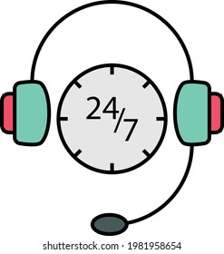 Auriculares con el concepto de micrófono y reloj, diseño de iconos con el color del vector de soporte comercial en línea, equipo de red y símbolo de hospedaje web, ilustración de material de línea directa