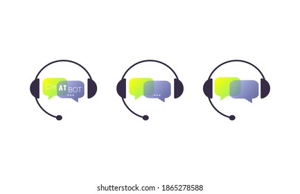 Headphone with microphone and chat sign. Operator, dispatcher,agent, assistant. Concept of consultation, e-commerce, chat support. Vector on isolated white background. EPS 10