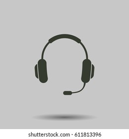 Headphone And Microphone Icon. Flat Vector Illustration In Black On White Background.