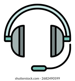 Auriculares con icono de micrófono. Auricular de contorno con el color plano del icono del Vector del micrófono aislado