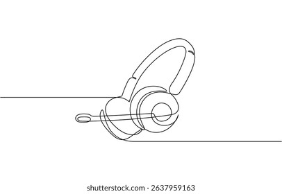 Headphone with microphone. Line art call center vector illustration, Symbol of virtual assistance, gaming, and professional communication. Editable outline.
