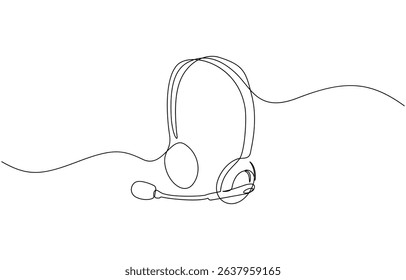 Headphone with microphone. Line art call center vector illustration, Symbol of virtual assistance, gaming, and professional communication. Editable outline.