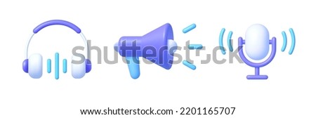 Headphone, Microphone Megaphone 3d Vector illustration Set. Isolated object. 3d speak render vector illustration